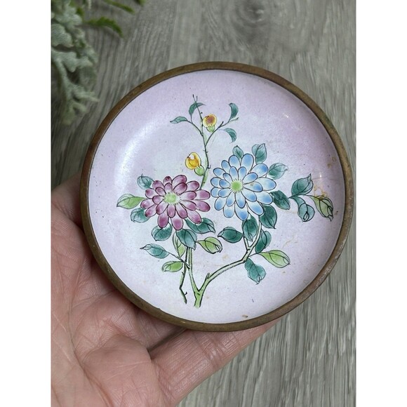 Vintage Enamel Coated Trinket Dish Pink Floral Country Cottage 3” - Picture 3 of 5